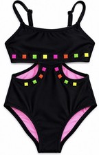 Art Class Girls One Piece Swimsuit XS 4/5 Black Neon Studded Cutout NWT