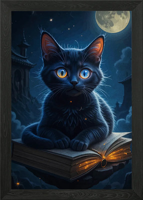 Schwarze Katze auf Buch im Mondlicht gerahmtes Wandbild Poster Leinwanddruck Bild