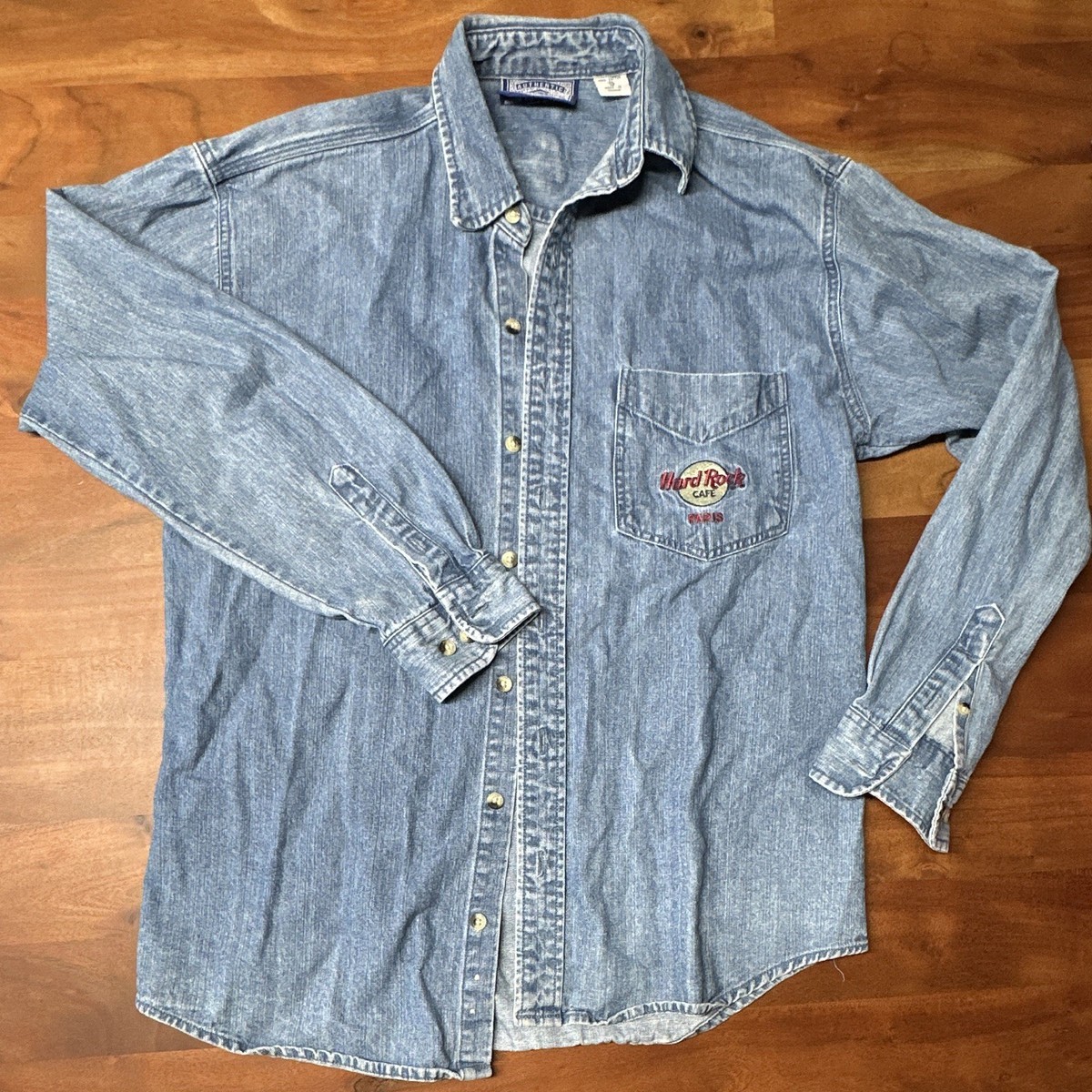 VINTAGE Hard Rock Cafe Paris Denim Button-Down Shirt Embroidered Logo Size S