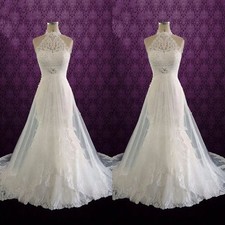 Mermaid Wedding Dresses Halter Neck Lace Applique Sweep Train Tulle Bridal Gowns
