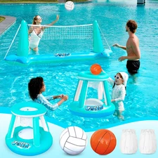 Inflatable Pool Float Set Volleyball Net & Basketball Hoops, Floating Swimming G