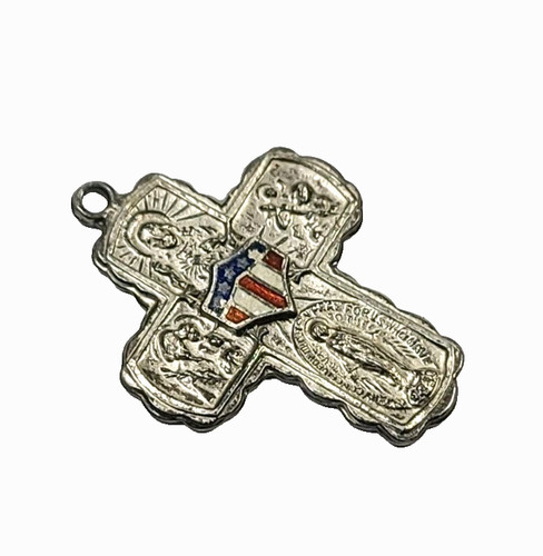 Vintage Sterling Silver Catholic St. Christopher and Joseph Patriotic Cross