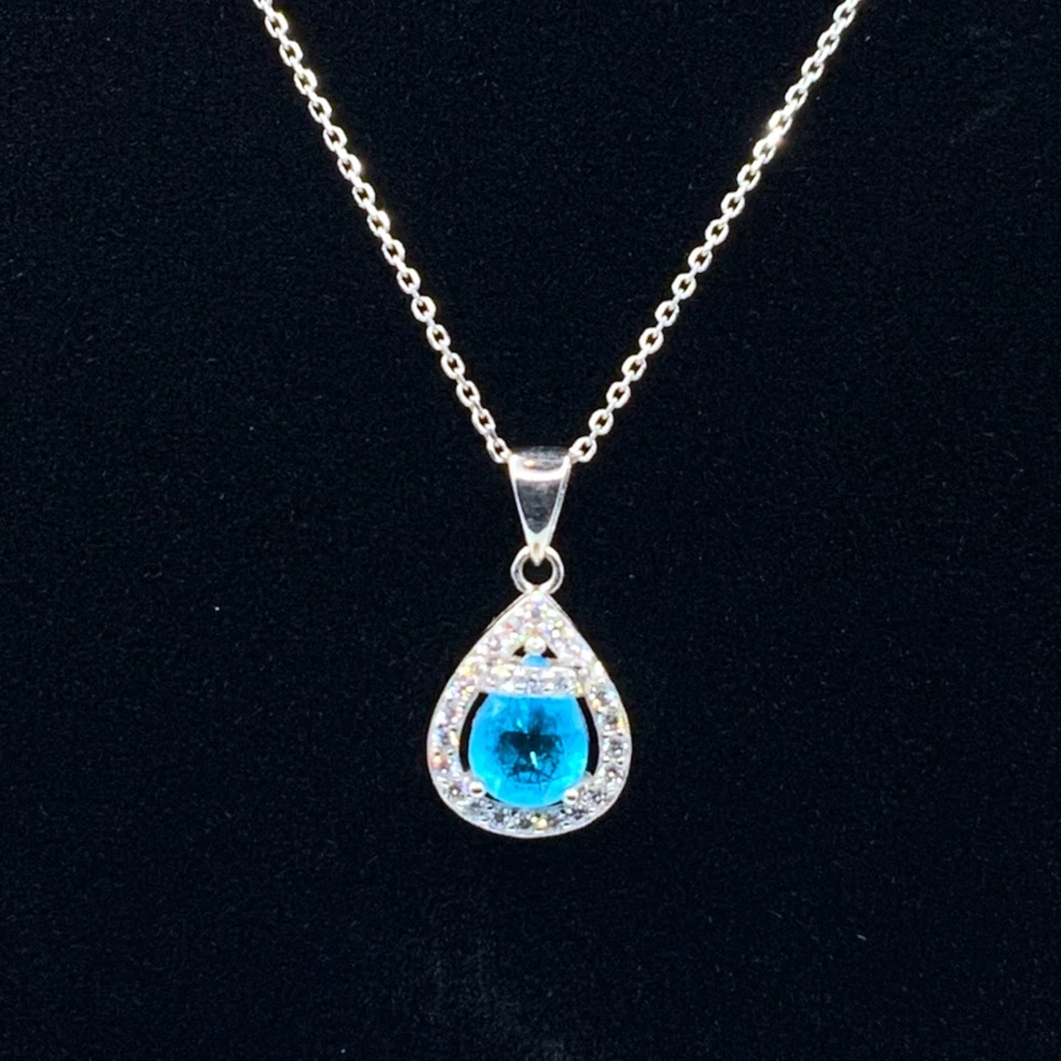 Juego de collar pendientes de topacio azul y zafiro blanco lágrima de plata de ley 925 Foto 3 de 4