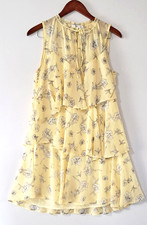 Vintage Tiered Floral Lawn Dress Sz L Yellow Meadow Flower Print Frill Fairy