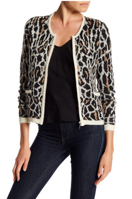 Joie Jacolyn B Animal Print (Porcelain-Camel-Caviar) Wool Blend Cardigan, L-NWT-