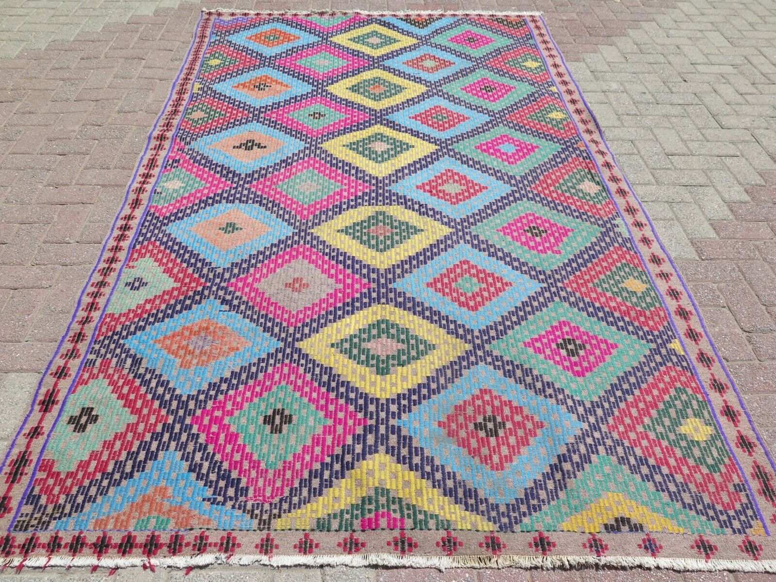 Antique Turkish Sardes Kilim Rugs, Wool Rug, Pink Color Rug 68"X113" Area Carpet