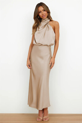 Elegant Halter Ruched Satin Sleeveless Midi Bridesmaid Wedding Party Dress, Black / L