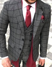 Designer Business Gray Checked Men's Suit Jacket Pants Vest Tailored Slim Fit
