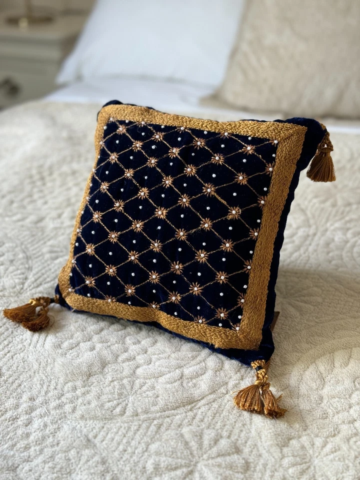Luxury Navy Blue Gold Moroccan Style Handmade Embroidered 10" Filled Cushion - Image 3 of 4