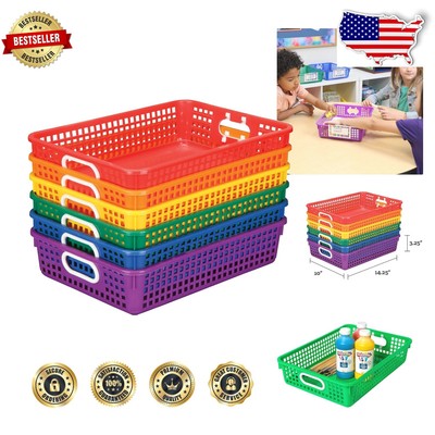 Multi-Purpose 6-Pack Sturdy Plastic Baskets for Papers and Supplies - Rainbow