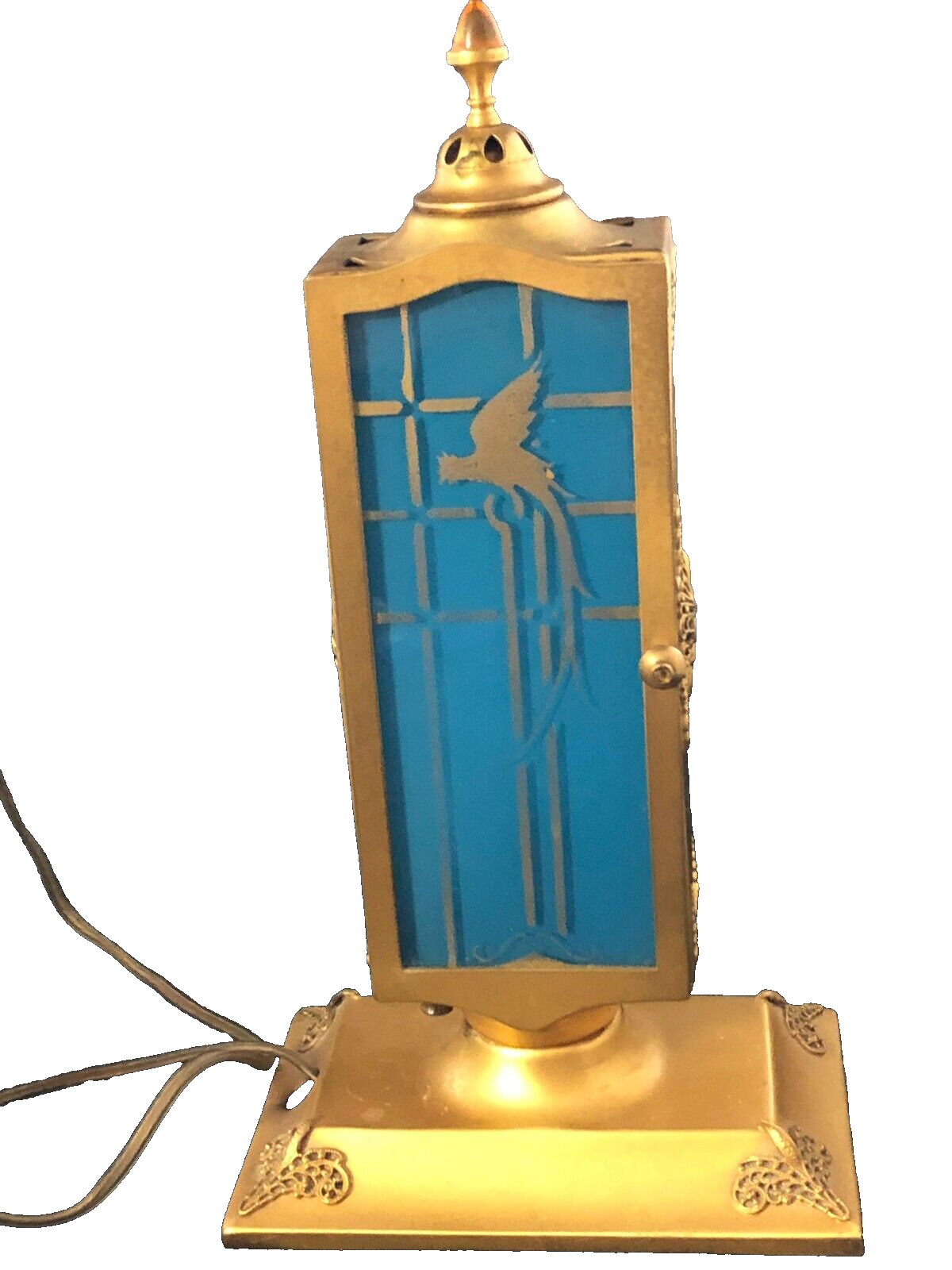 Antique Devilbiss Perfume Lamp Glass Teal Painted Panels Gilt Parrot