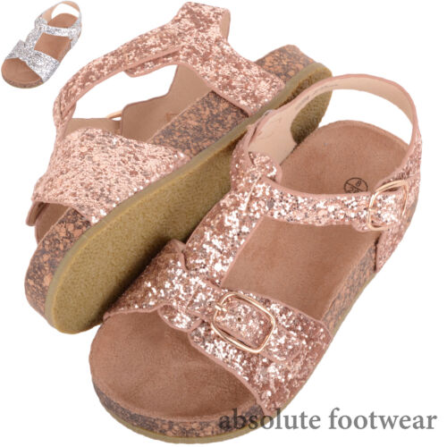 Kinder Kinder Mädchen Sommer Urlaub Glitzer funkelnde Sandale Schuhe Schnalle Verschluss - Bild 1 von 3