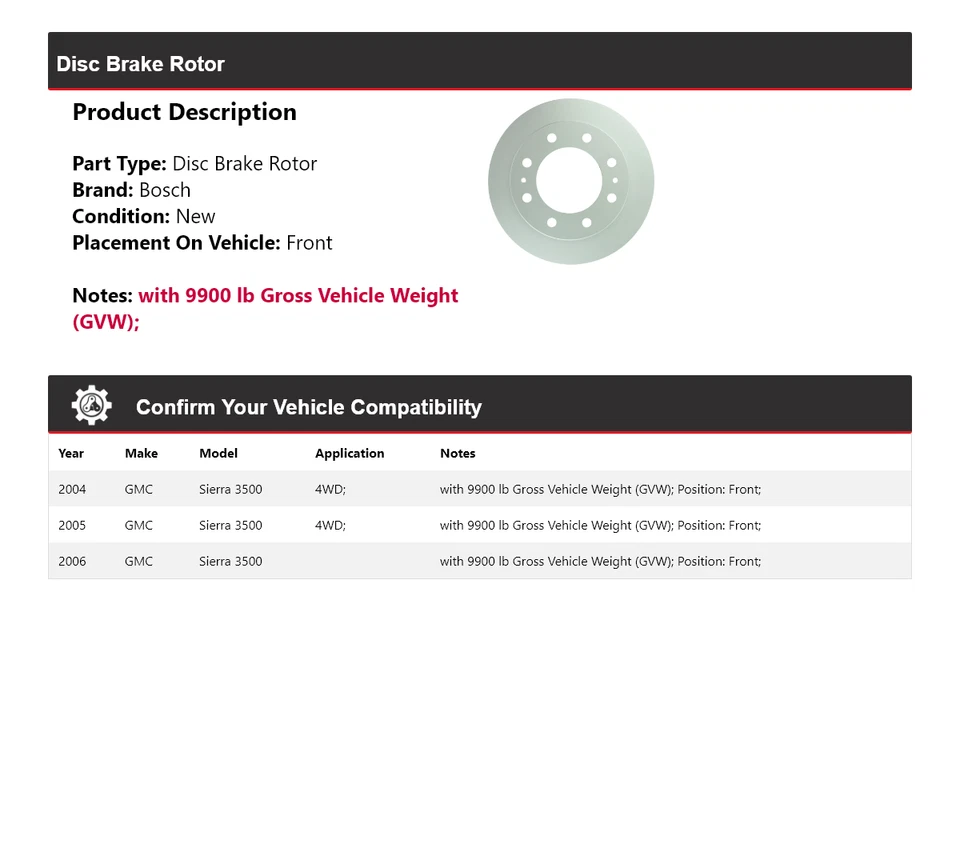 Rotor de freno de disco delantero 2005 para GMC Sierra 3500 Bosch QuietCast 2004-2006 Foto 2 de 4