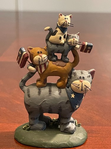 Blossom Bucket Stacked Patriotic Cats Figurine 4th of July Resin Collectible
