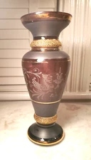 Vintage Bohemian Crystalex Hand Blown 10 Inch Amethyst and Gold Vase
