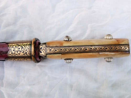 old Mughal Islamic Sikh Punjabi holy script bone handle curve wootz blade dagger - Picture 18 of 20