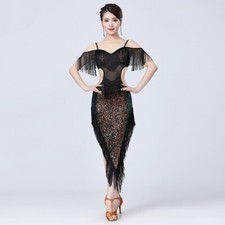 Women Tasseled Belly Slip Dance Dress Ballroom Latin Sequin Dancewear Midi Sexy