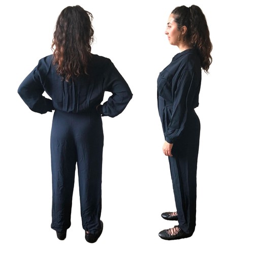 Vintage Collared Navy Blue Long Sleeve Button Down Jumpsuit, Fitted Waist Medium - Bild 7 von 7
