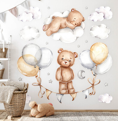 Wandtattoo Deko Sticker Wandbild Set Teddy bears in pastel balloons and clouds