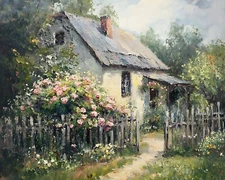 Cottage with a flower-covered fence oil painting 8x10 Print