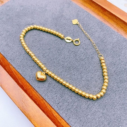 Pure 18K Gelbgold Kette Damen Glückliches Herz Rund Hochglanz Perlen Link Armband - Bild 3 von 5