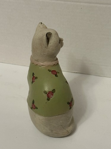 Statuina 6 pollici gatto bianco molto invecchiato in maglione verde chiaro rosa fiorito - Foto 5 di 10
