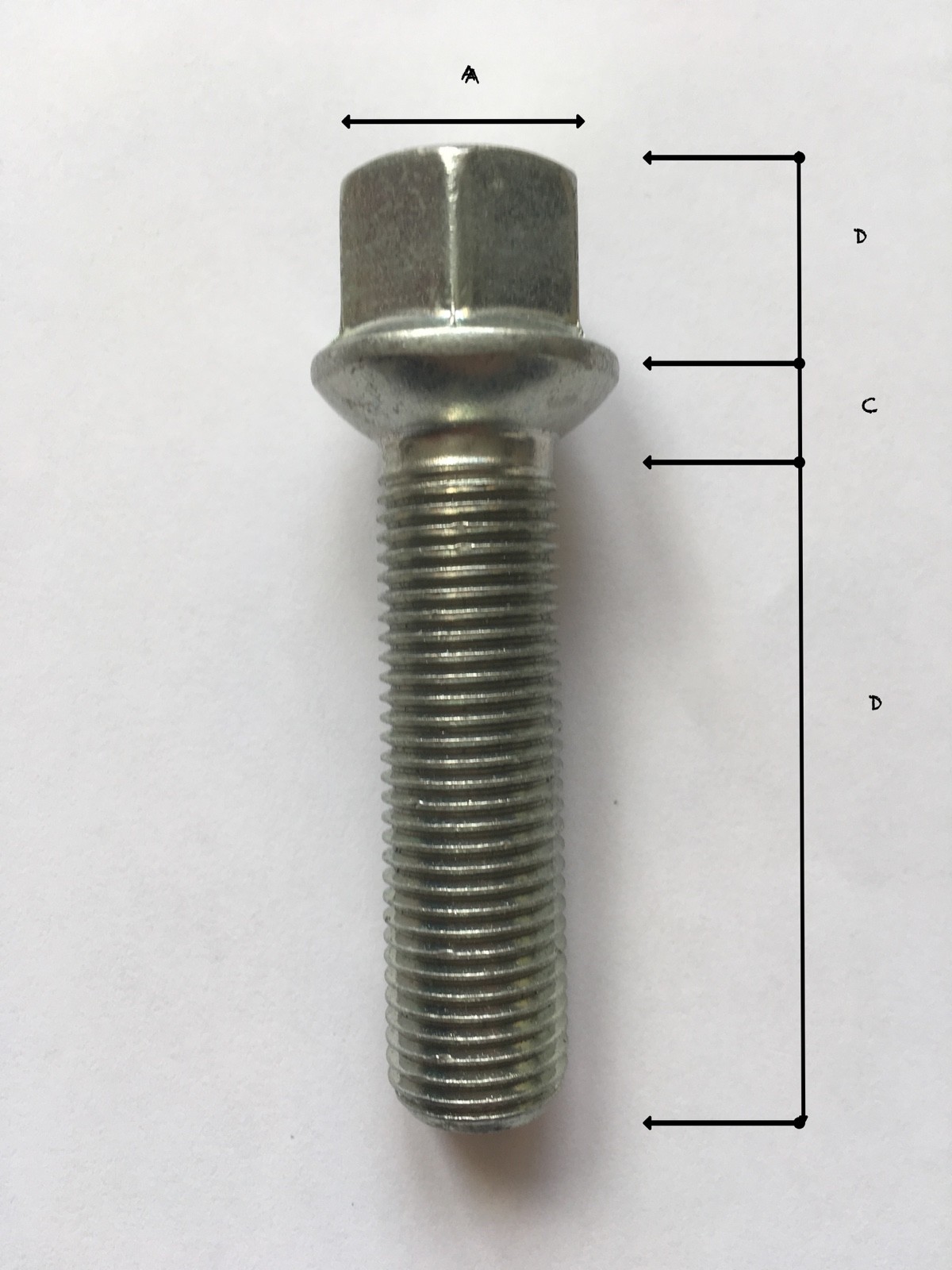 20 Stück Radschrauben M12x1,5 - Kugelkopf, 60mm Gewinde, Verzinkt