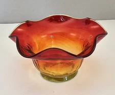 Vintage Blenko Handblown Amberina Glass Ruffled Crackle Bowl Dish 5.5"