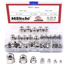 140-Pcs M3 M4 M5 M6 M8 M10 M12 Acorn Dome Cap Head Hex Nuts Assortment Kit, 304S