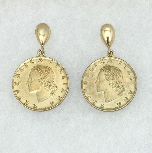 Designer Milor 14K Yellow Gold Lira Coin Dangle Earrings Repvbblica Italiana - Picture 2 of 5