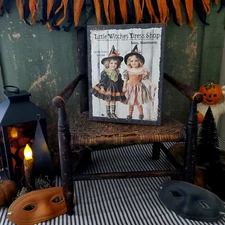 HALLOWEEN LITTLE WITCH DRESS SHOP FOLK ART COLONIAL PRIMITIVE VINTAGE STYLE SIGN