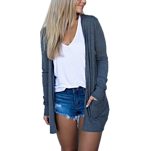 Women Cardigan Long Sleeve Open Front Draped Sweater With Pockets Loose Coat Top - Picture 4 of 15
