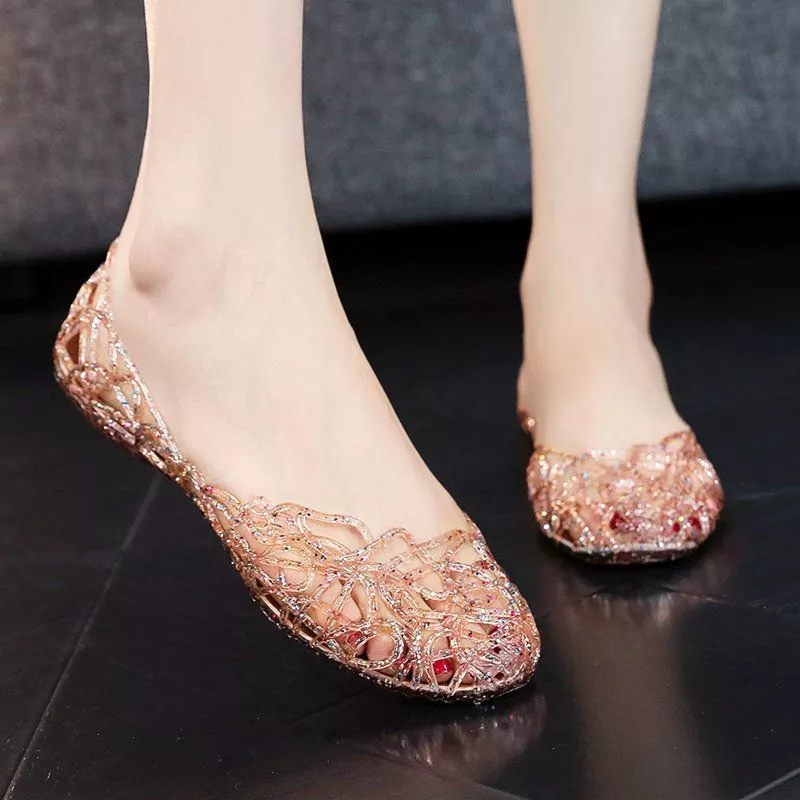 Womens Slip On Jelly Sandals Crystal Glitter Ballet Flats Hollow