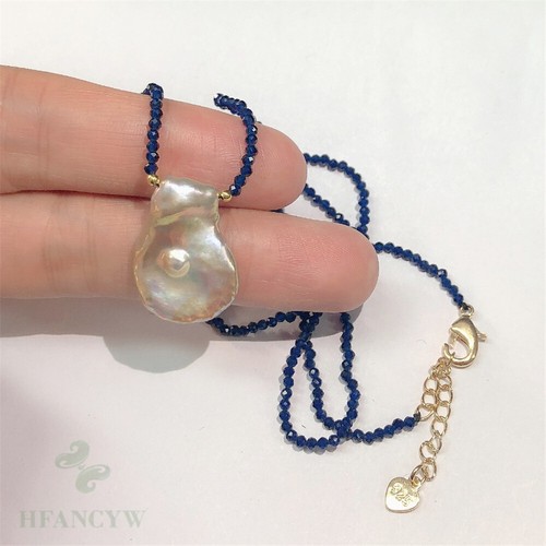 2mm Blue Spinel White Baroque Pearl Necklace 18 inches Real Chain Wedding - Picture 7 of 9