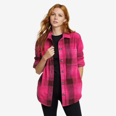 EDDIE BAUER Womens HOT PINK Plaid CHUTES Microfleece FLEECE SHIRT LARGE  tall LT