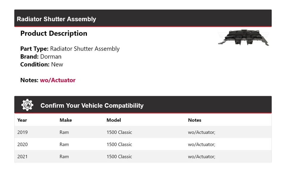 For 2019-2021 Ram 1500 Classic Dorman Radiator Shutter Assembly 2020 - Image 2 of 4