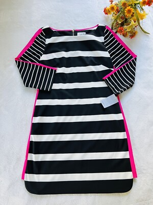 NWT Eliza J Womens Size 14 Black White Striped Dress Hot Pink