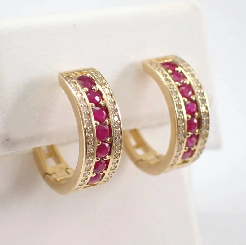 1Ct Round Cut Natural Red Ruby Women Huggie Hoop Earrings 14K Yellow Gold Plated - Image 2 of 4