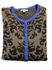 Garnet Hill 100 Wool Cardigan; Light Gray/Dark Gray Pattern; Denim Blue Trim; M