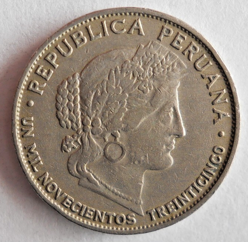 1925 PERU 5 CENTAVOS - AU - Rare High Quality Coin - Lot #A25