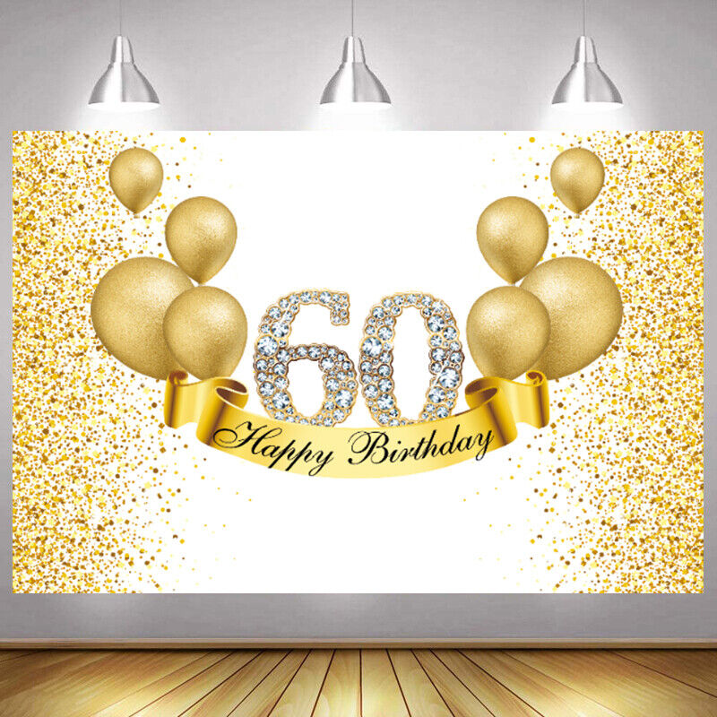 Gold 60th Backdrop Women Men Sixty Happy Birthday Photo Background Banner |  eBay