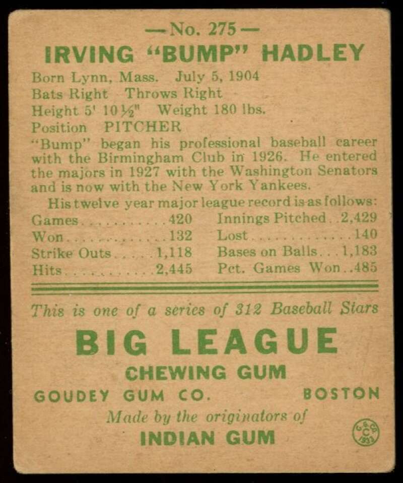 1938 Goudey R323 Heads Up 275 Bump Hadley VG Yankees 72664 eBay