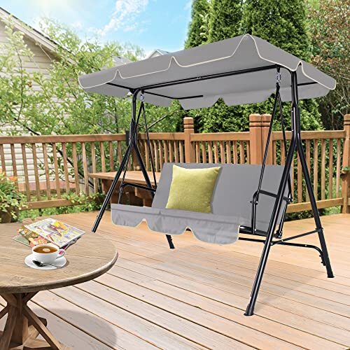 Porch Swing YODOLLA 3-Seat Outdoor Steel With Canopy, Swing Glider