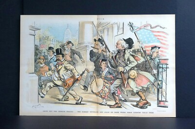 Pension Fraud Claim Swindlers 1893 REAL HONEST VETERANS DRIVE THEM OUT Puck Art