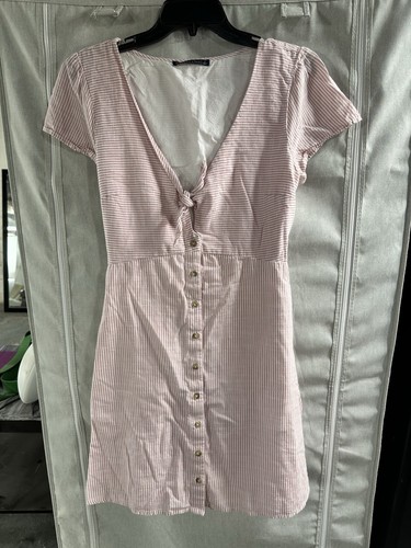 Abercrombie and Fitch Front Tie Button Down Striped Mini Dress Pink/White Sz L - Picture 1 of 7