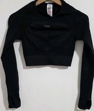 Gymshark Women's Sz M Crop Top Black Vital Seamless Long Sleeve Thumbholes NEW
