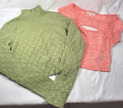 2 L.A. Hearts Women's tops: Orange Cutout, Green Textured Mock Neck - XS