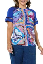 DG2 by Diane Gilman Women's Printed Mixed Media Top Cobalt Butterfly