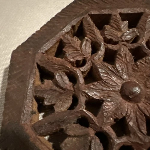 Vintage Octagon-Shape  Carved Wooden Trivet, 5” India image 3
