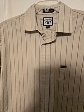 Faconnable Button Down Shirt Mens XL Tan Thin Stripes Excellent Made in USA